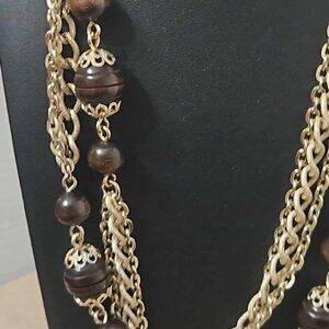 Vtg Emmons 1970s Gold Tone Chain Wood Bead Necklace